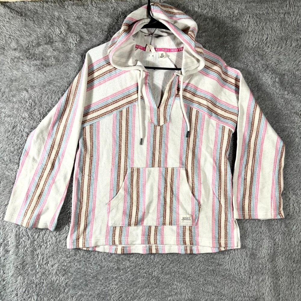 Roxy Wild And Free‎ Baja Poncho Hoodie Womens Small Multicolor Striped Side Slit